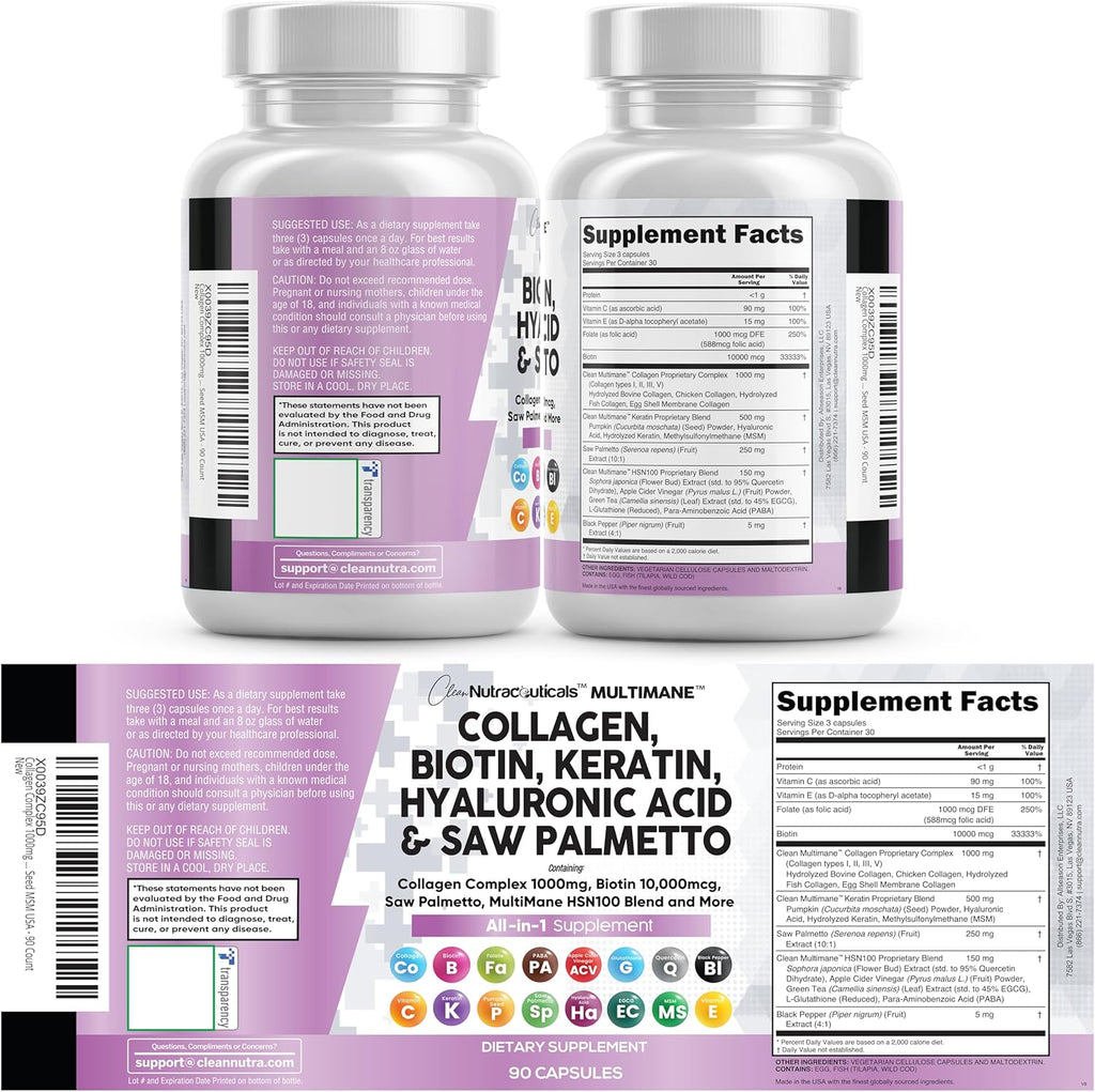 Clean Nutraceuticals Píldoras de Colágeno 1000mg Biotina 10 000 mcg...